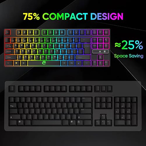 Miniatura 2 de Teclado RGB para juegos Teclados de membrana compacta sin llave de 87 teclas con sensación mecánica, 10 modos de retroiluminación dinámicos,