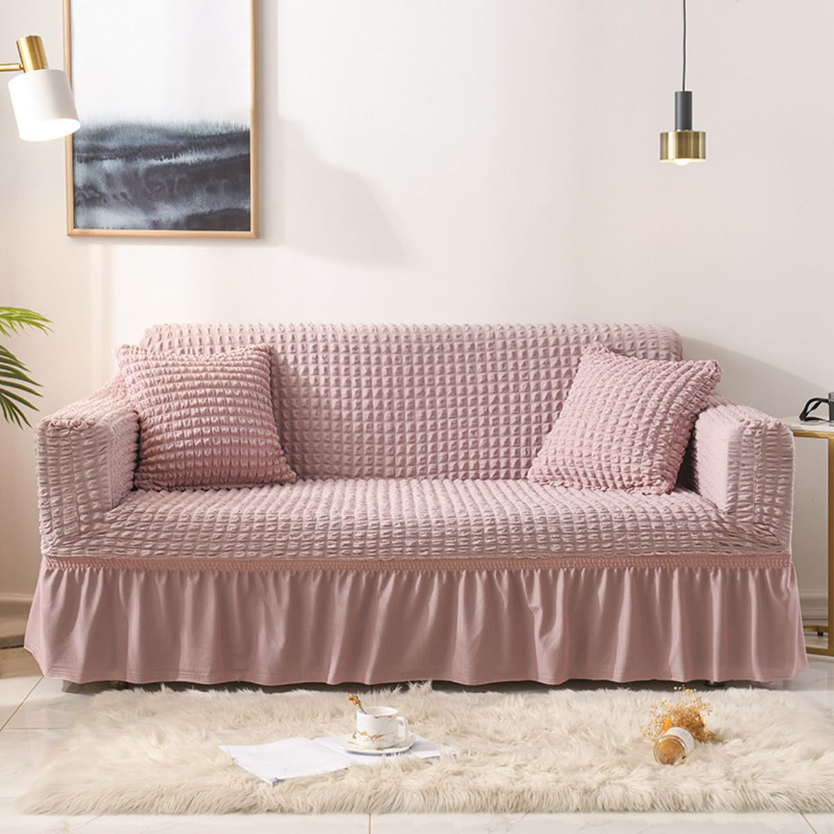 Njbtomj Pink Fit Stretch Sofa Covers With Skirt, 1/2/3/4 Seater Super Soft Couch Covers All-Inclusive Sofa Slipcover Washable Stretchable Furniture Protector With Non Slip Stra(Size:4 Seater(235-300Cm),Color:pink)