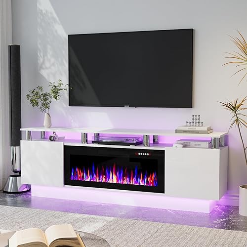 Miniatura 25 de Soporte de TV con chimenea de 36 pulgadas, soporte de TV negro de 70 pulgadas para sala de estar, moderno soporte de TV con chimenea eléctrica con