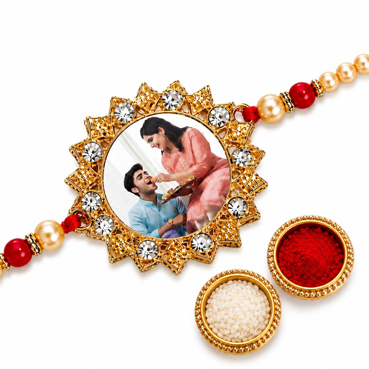 Personalised Rakhi with Custom Photo, photo printed customized rakhi for brother Gold-Tone Crystal Medallion, Pearl Beaded Thread, Roli Chawal Included-image-35