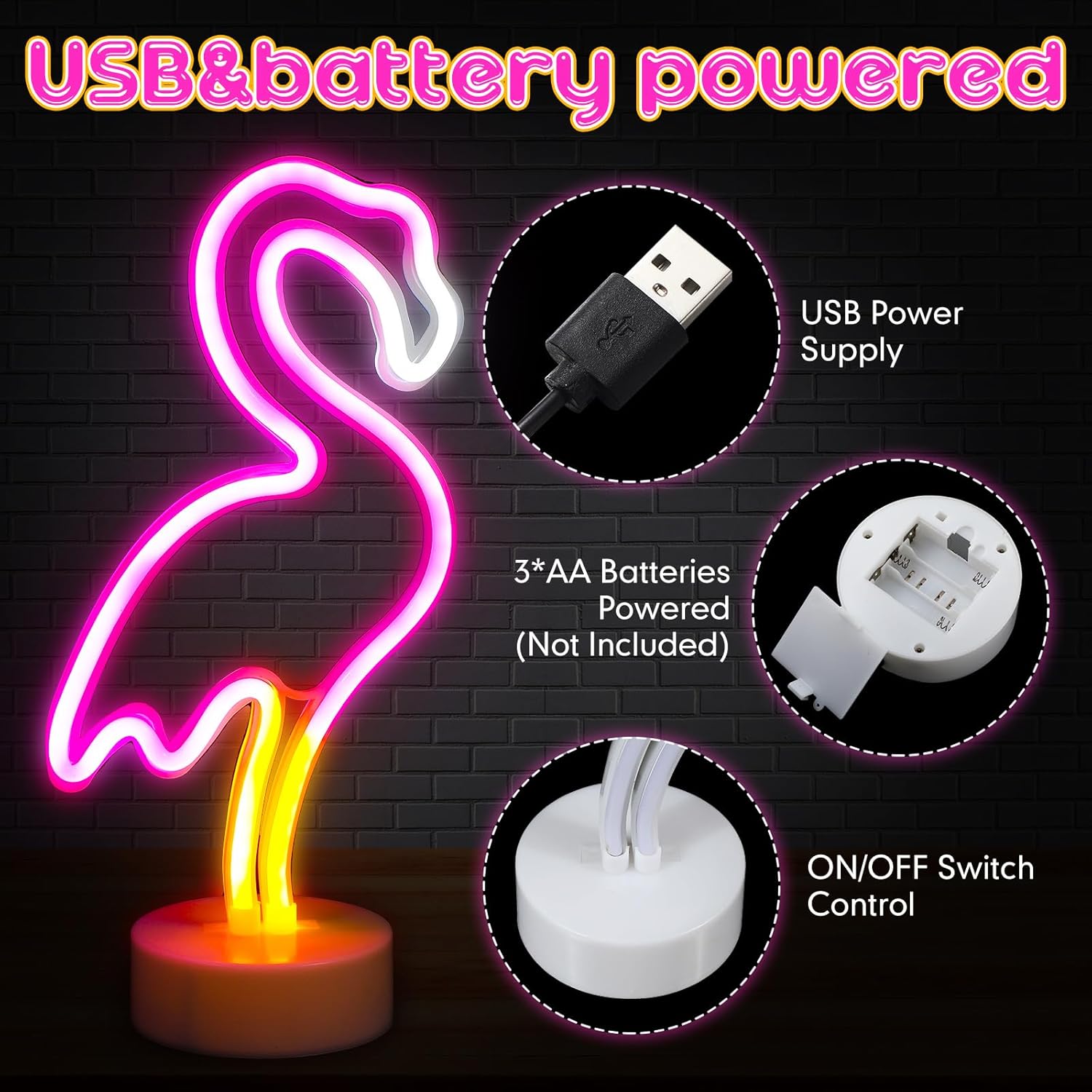 Liliful 3 Pcs Flamingo Neon Lights Sign LED Pink Flamingo Lamps Decor Battery/USB Powered Neon Lights with Pedestal for Bedroom Decor Tropical & Hawaiian Party Birthday Gifts