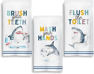 Coastal Beach Shark Kids Hand Towels, Shark Bathroom Decor, Wash Your Hands Ocean Sharks Decorative Hand Towels for Kids Bathroom Washroom Restroom Toilet, 16x24 Inch Set of 3