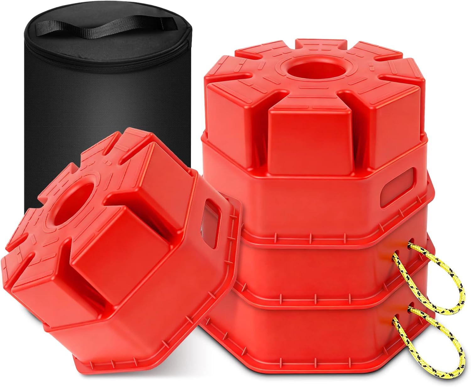 ROBLOCK 6"H Trailer Jack Block 4 Pack with Bag Rope, Heavy Duty RV Stabilizer Blocks for Any Tongue Jack, Post, Foot, 5th Wheels, Round, Square or Scissor Stabilizer, RV Essentials for Travel Trailers