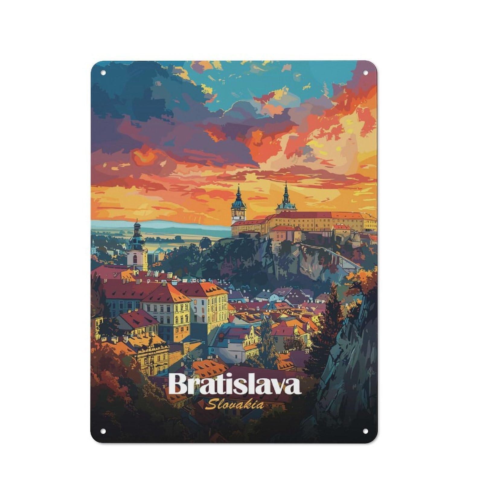 Junmoney Style-20 Country Metal Sign With Bratislava Cityscape Sunset Design 40X30cm, Barn Style Rustic Kitchen Decor For Farmhouse Kitchen, Pantry Or Dining Area