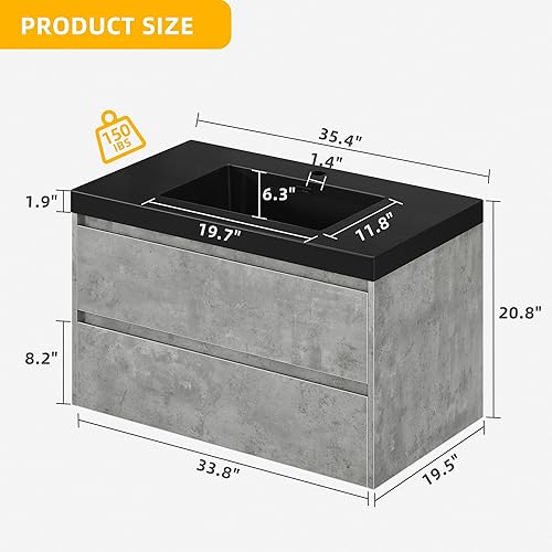 Miniatura 2 de DWVO Tocador flotante de 36 pulgadas montado en la pared con lavabo acrílico negro y 2 cajones de madera, lavabo de baño moderno con armario