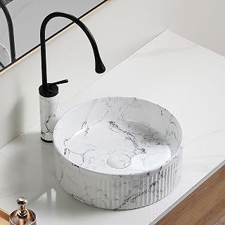 Vessel Sink 14.5” Round Bathroom Vessel Sink Modern White Above Counter Art Basin Vanity Bowl Sinks With faucet Countertop Sink for Cabinet Lavatory Vanity