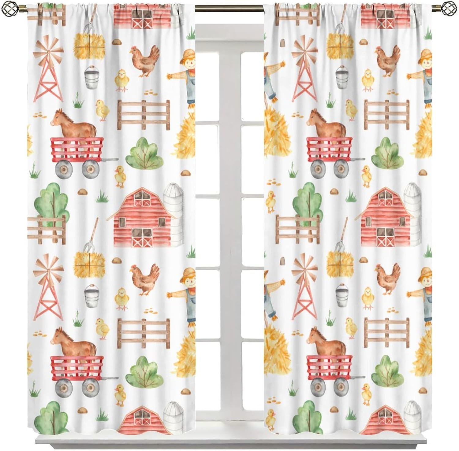 JESTRONRY Country Curtains for Kitchen,Rustic Cute Farm Scarecrow Horses Chickens Watercolor Style Window Treatments Curtains for Living Room Bedroom Home Decor 42x63in