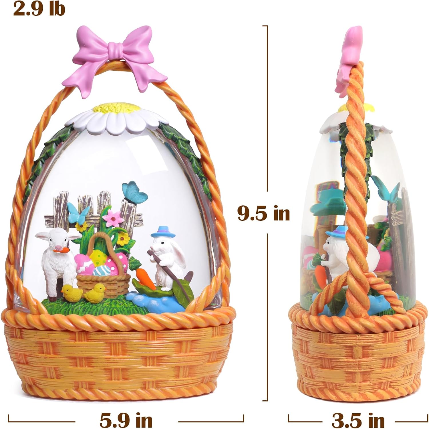 Easter Bunny Snow Globe Basket Egg Easter Decorations for Home Rabbit Sheep Chick Flower Butterfly Tabletop Glitter Snowfall USB/Battery Timer 9.5 inch