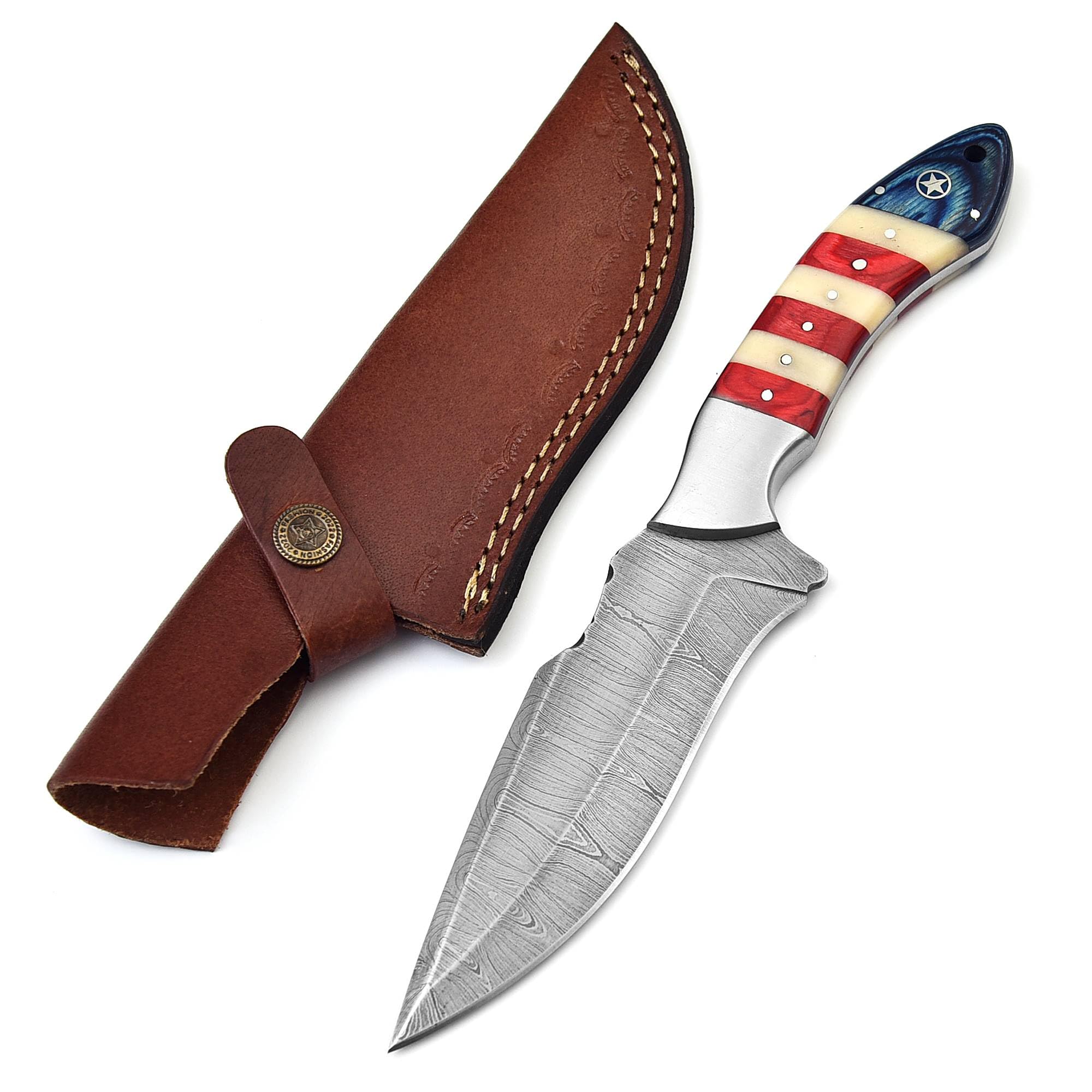 Damascus Knives for Hunting Skinning - Fixed Blade Hunting Knife with Sheath - Damascus Steel Knife with American Flag Handle - 10 Inches Handmade Skinner Camping Knife. 705 AF