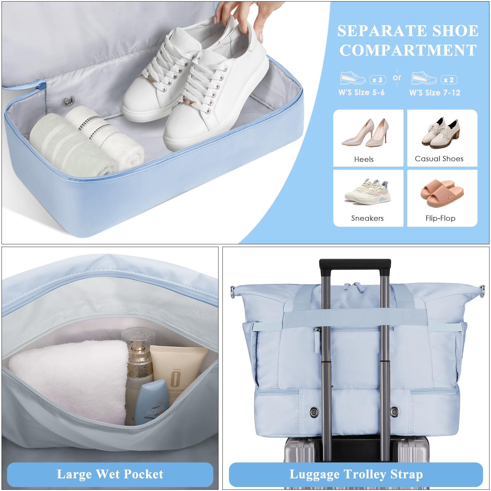 Gym Bag for Women, 45L Carry On Travel Duffel Bag with Shoes Compartment view 5