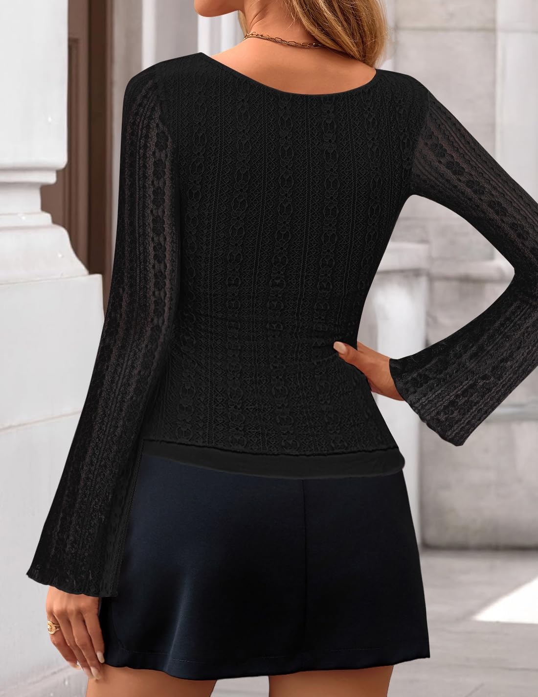 ZESICA Womens 2026 Spring Summer Lace Mesh Sleeve Tops Going Out Double Lined Slim Fit Asymmetrical Shirts Date Night Outfit - Image 3