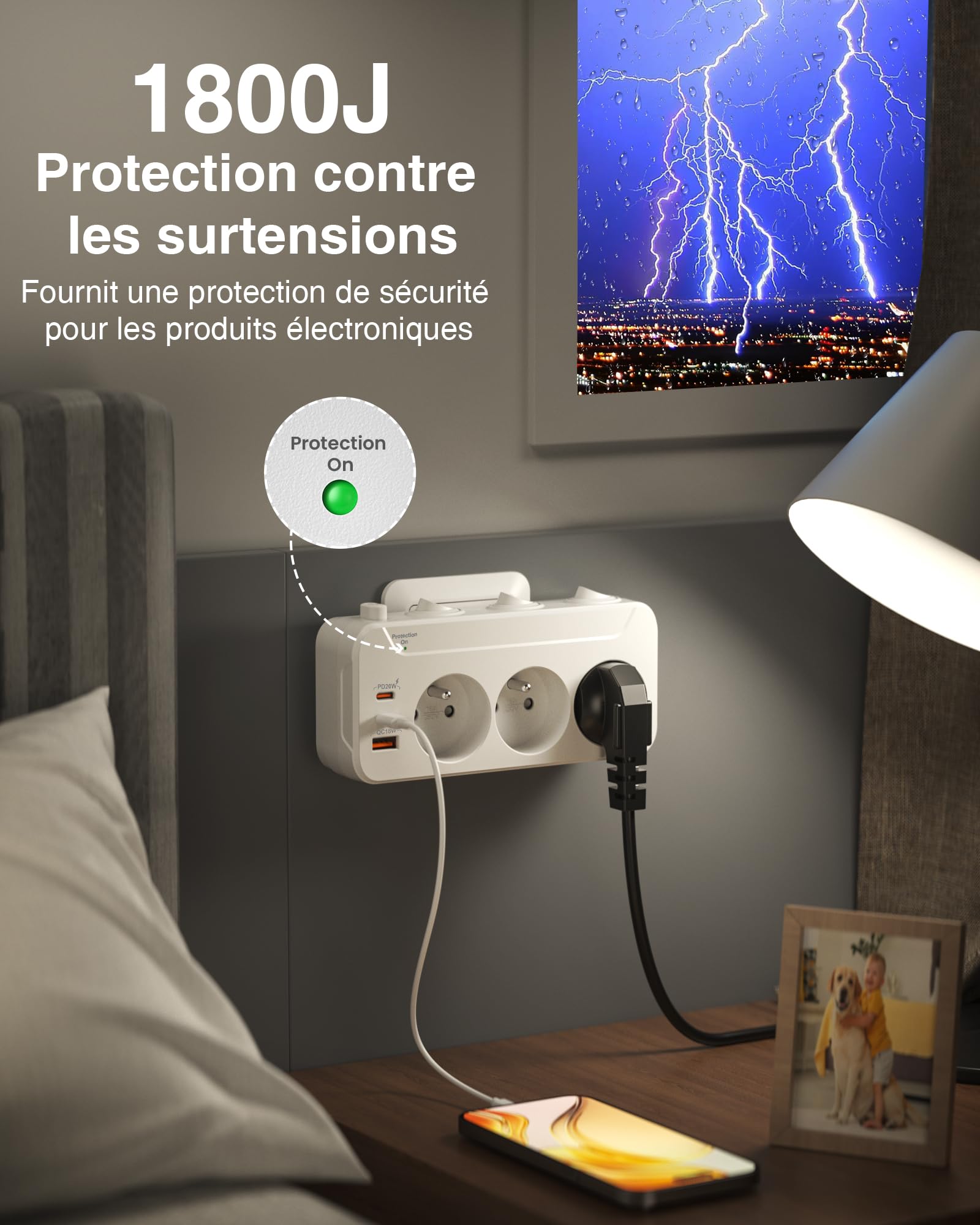 Listwa Zasilająca 3 Gniazdo, PD20W Wielokrotne Gniazdo z Wyłącznikami,Listwa Zasilająca Przeciwprzepięciowa 3 Gniazda Elektryczne,Rozdzielacz Elektryczny Adapter do Gniazdka z Type-c,Biały