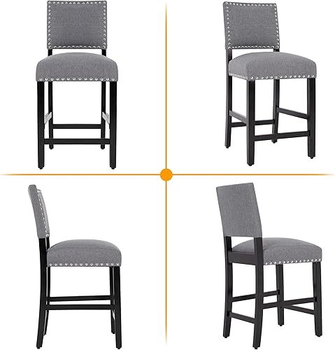 Miniatura 6 de LSSBOUGHT Taburete de bar tapizado de tela de lino con patas de madera de goma, silla de bar con ribete clavado para isla de cocina (gris, 2 piezas
