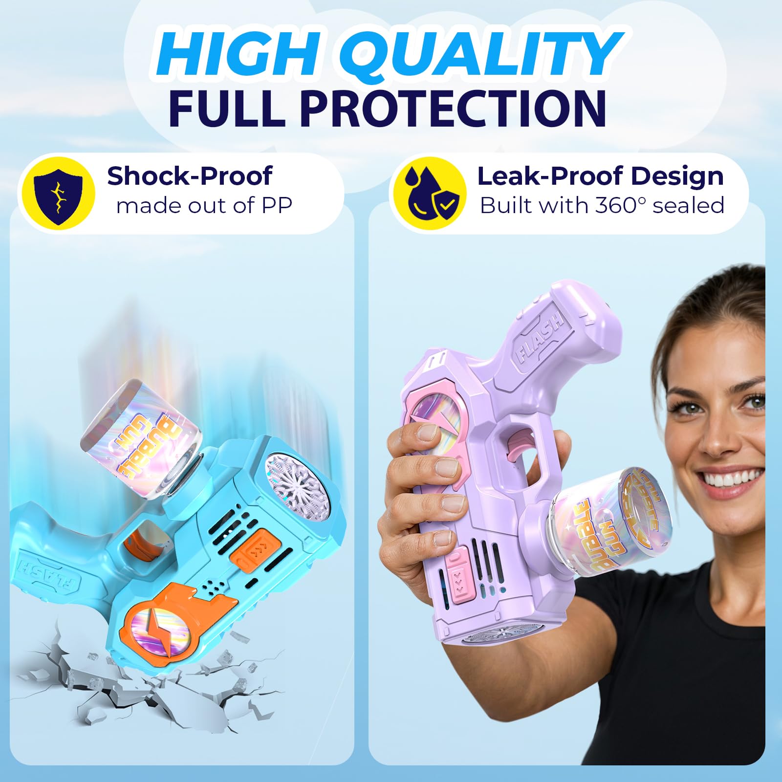 Blubbel 2x Sparabolle di Sapone LED, Pistola Giochi, Macchina Automatica, Bubble Gun, Cannone d’Aria, Giocattolo Matrimonio, Regalo Estivo Bambini, 1L Liquido Incluso