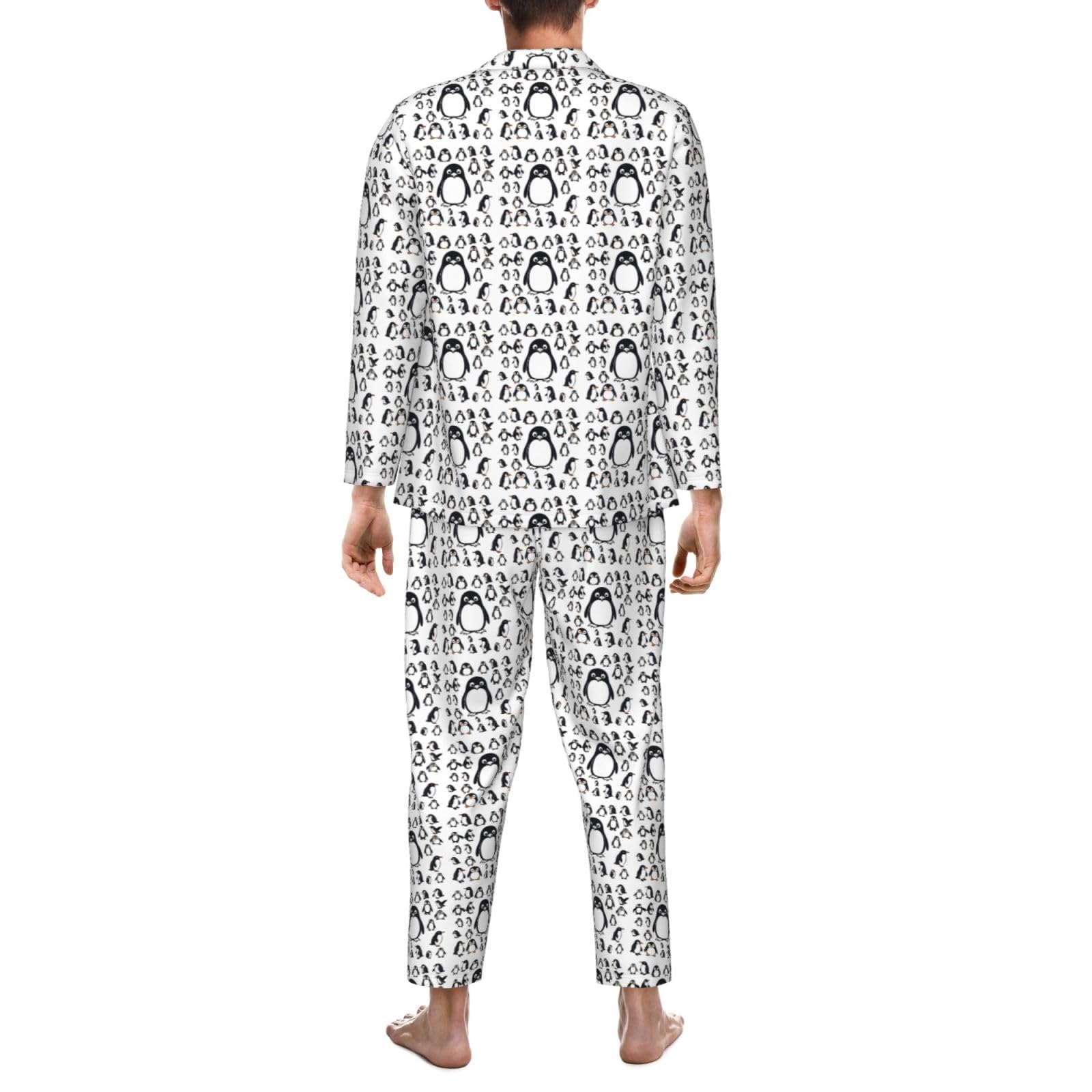 Langärmeliges Pyjama-Set für Herren, niedlicher Pinguin-Druck, zweiteilig, Hauskleidung, bequeme Nachtwäsche
