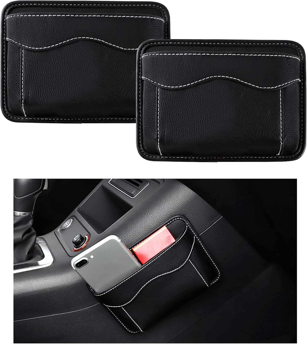 povtii 2 organizadores de bolsillo lateral para asiento de coche, de piel sintética, bolsillo de almacenamiento para gafas de sol, mini bolsa de relleno para asiento de auto, puerta, ventana, consola, accesorios interiores de coche (negro)