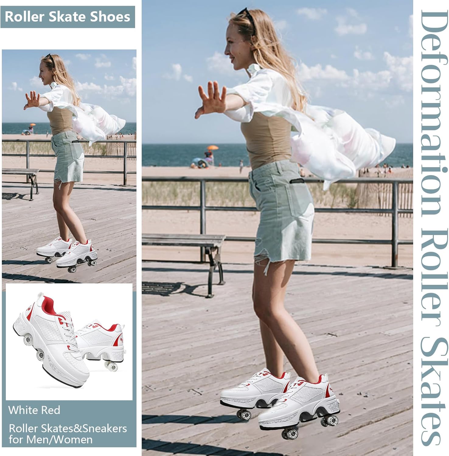 Roller Skate Shoes for Men Women, 2-in-1 Double-Row Deform Wheel Roller Skates, Boy Girl Sneakers with Removable Wheels, Indoor Outdoor Skates Shoes