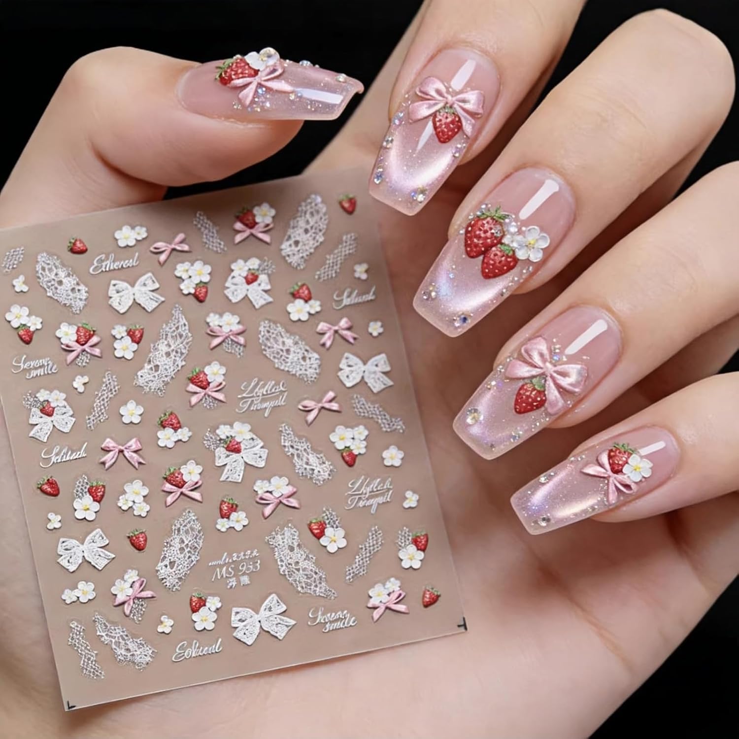 Strawberry Nail Art Stickers Decals 5D Flowers Spring Floral Design Bow Manicure Decorations Adhesive Decals for Women DIY