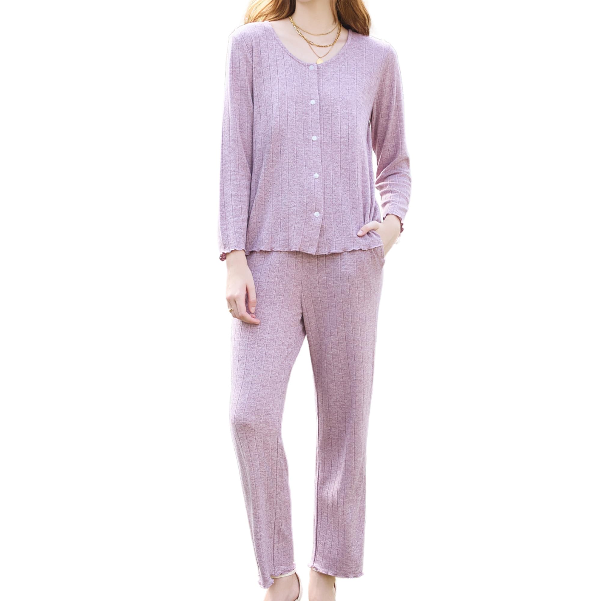 HEARTNICE Women's Soft Knit Pajama Set Button Down Long Sleeve Loungewear 2 Piece Pjs with Pockets Sleepwear
