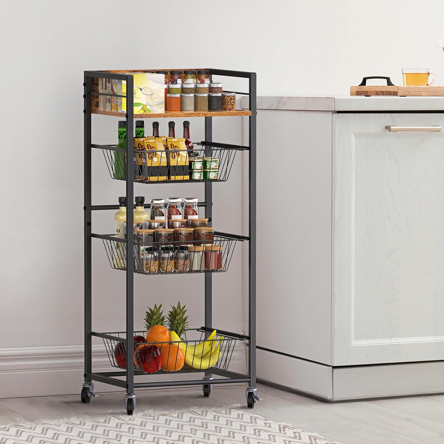 Shinoske 4-Tier Fruit Basket for Kitchen Rolling Storage Cart on Wheels with Pull-Out Baskets and Wooden Top for Living Room,Bathroom,Pantry,Corner,Rustic Brown