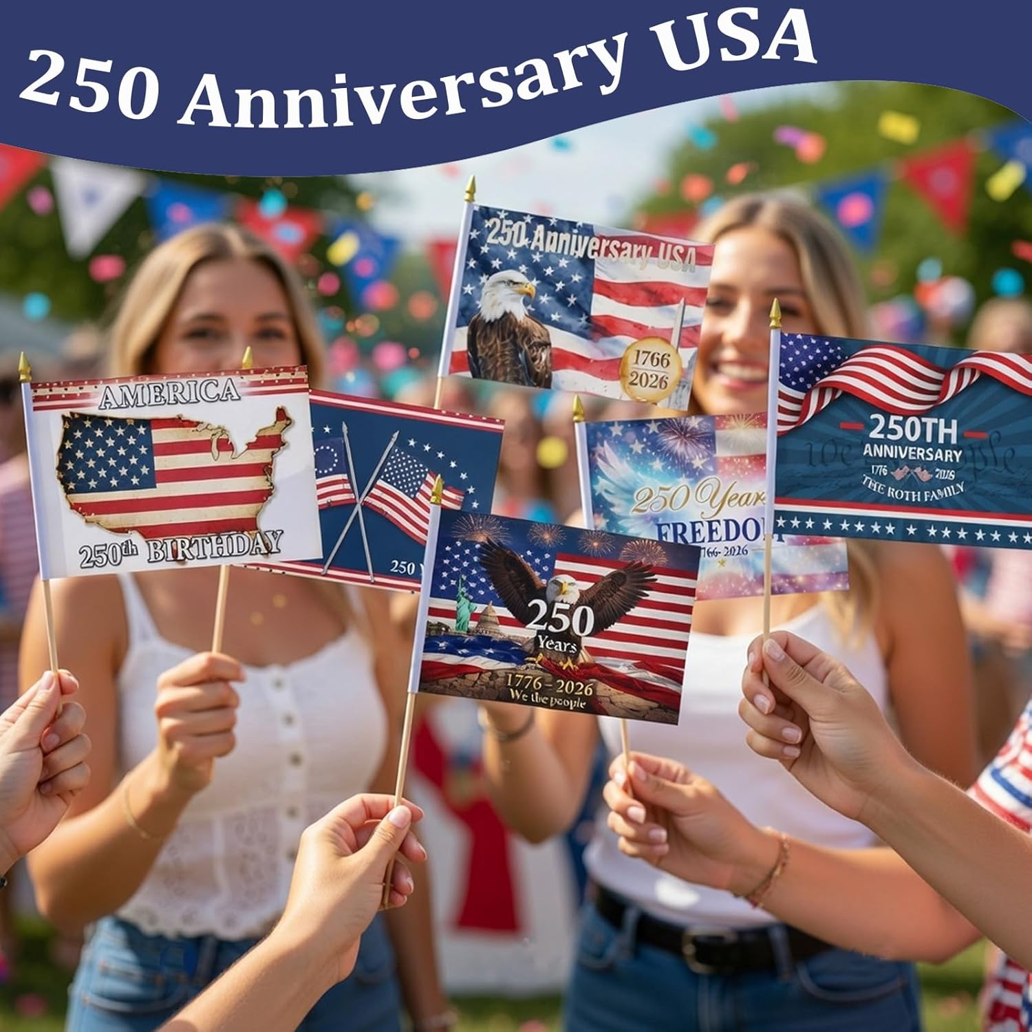 250 Anniversary USA Flag, 5.5x8.3 Inch Patriotic Stick Flags, 1776-2026 Commemorative Banner with Wooden Poles, Lightweight Single Sided American Flags for Indoor, Outdoor, Garden, Parade Decor (300, #B)
