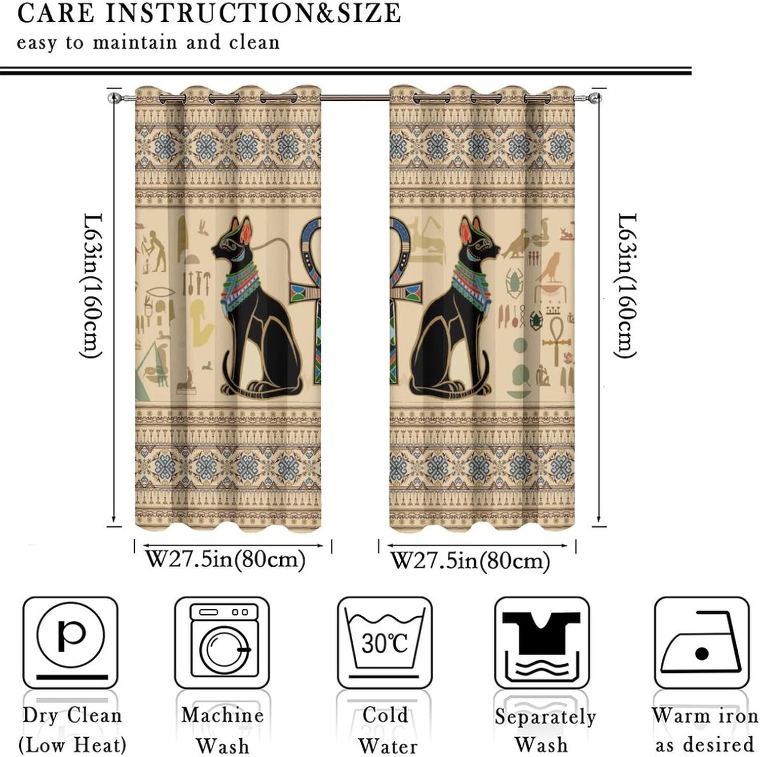 Ancient Egypt Black Cat Curtains for Bedroom - Rustic Vintage Mystical Egyptian Ethnic Tribe Symbol Window Treatment,Energy Saving Thermal Insulated Grommet Top Blackout Curtain 63L x 27.5W 2 Panels