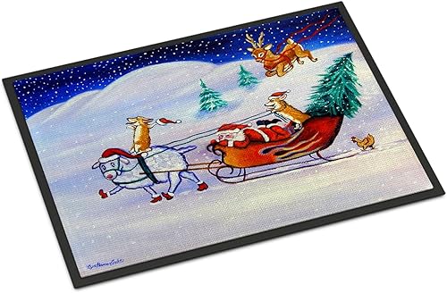 Caroline's Treasures 7442MAT Corgi Highhacked - Felpudo de trineo de Papá Noel de 18 x 27 pulgadas, para interiores y exteriores, para entrada,