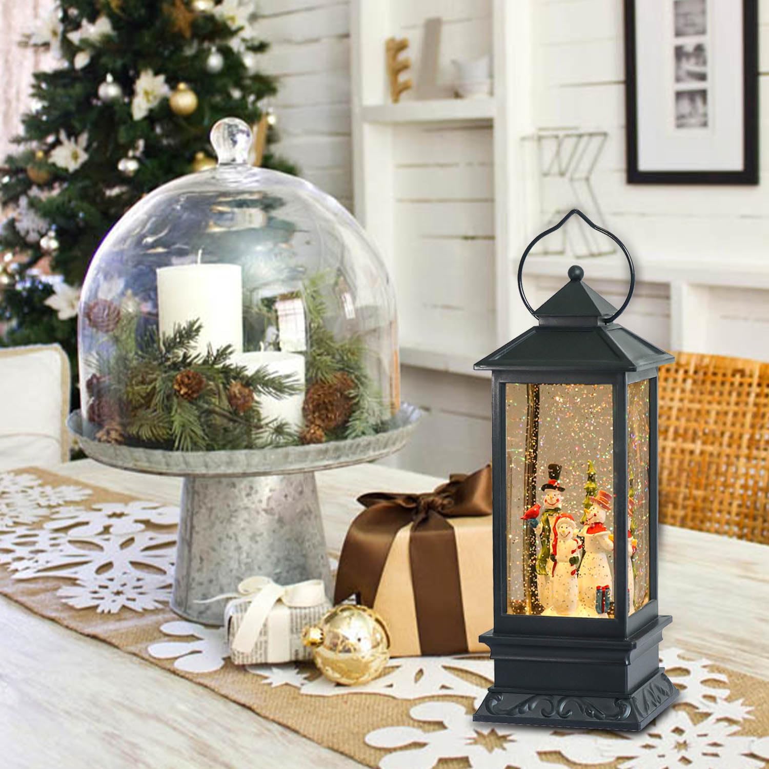Eldnacele Singing Battery Operated Musical Lighted Christmas Snowman Water Glittering Swirling Snow Globe Lantern with Music Christmas Home Decoration and Gift, Snowman Family - Image 4