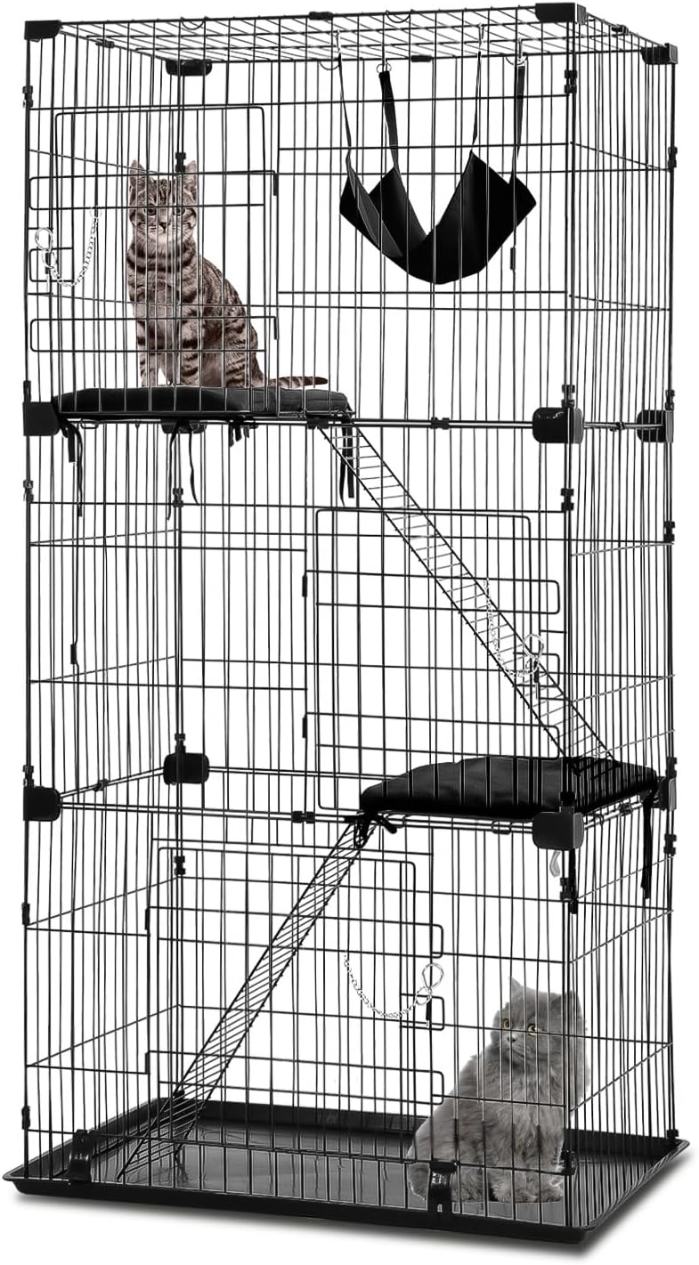 67In Cat Cage Crate 3-Tier Cat Kennel Enclosre Ferret Cat Cage House Cat Playpen w/Swing Free hammock 3 Cat Bed 3 Front Doors 2 Ramp Ladders Perching Shelves for Rabbit Kittens Squirrel,Black
