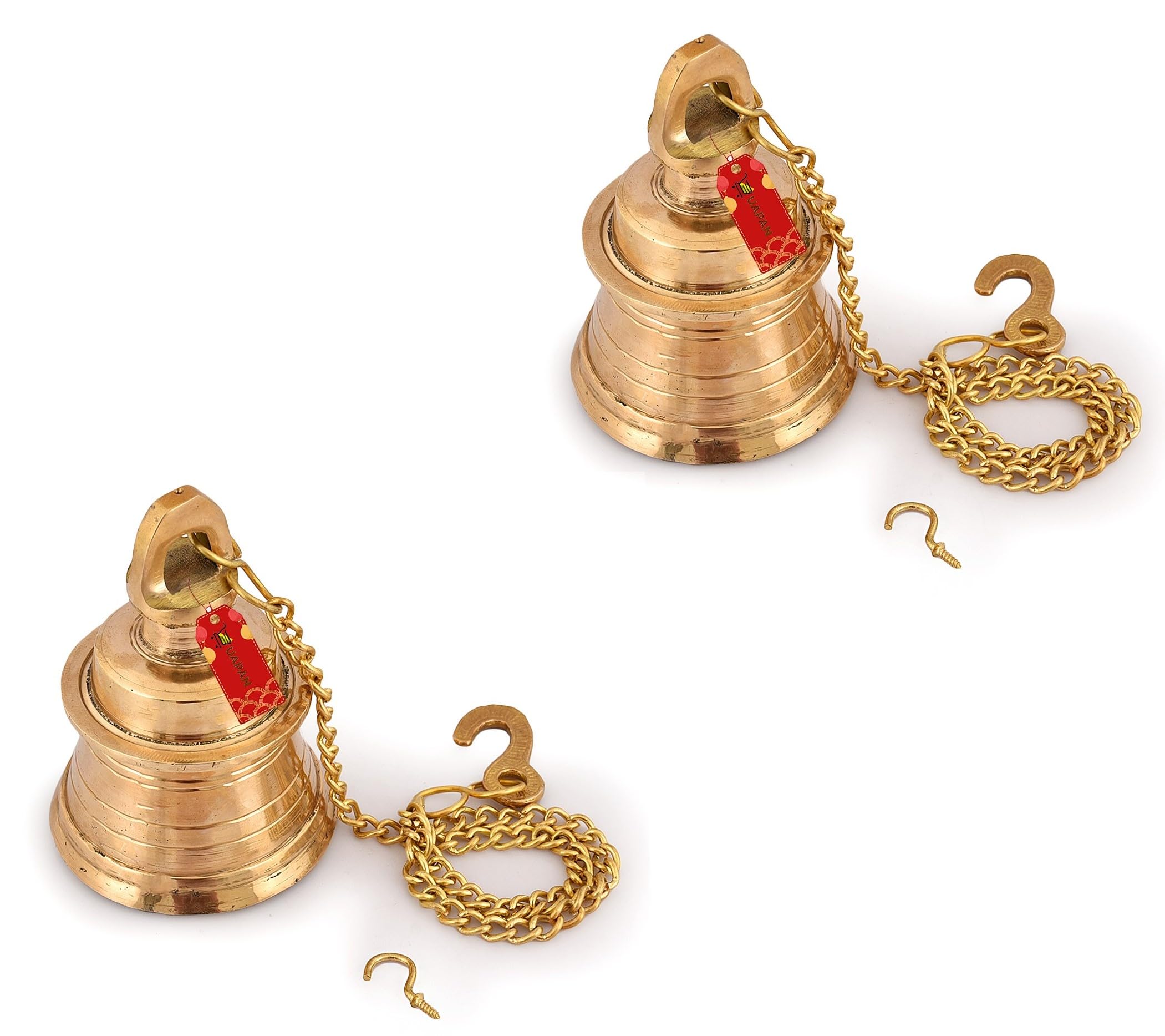 Brass Gold Wall Hanging Bell with Chain and Hanging Hook for Home Mandir Temple Decorative I Puja Room (6 inch,Pack of 2 Nos)