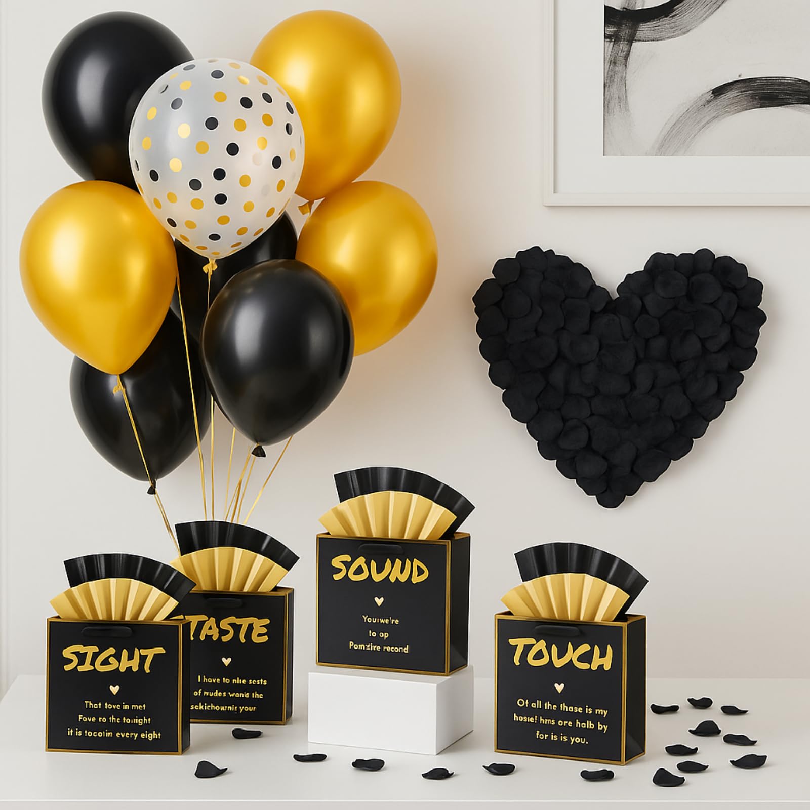 AmazingSpark 5 Senses Gift Valentines Day Decorations for Him/Her, Five Senses Gift Bags Decor with Rose Petals Heart-shaped Tissue Paper, Black Present Boxes for Birthday Anniversary Wedding Party