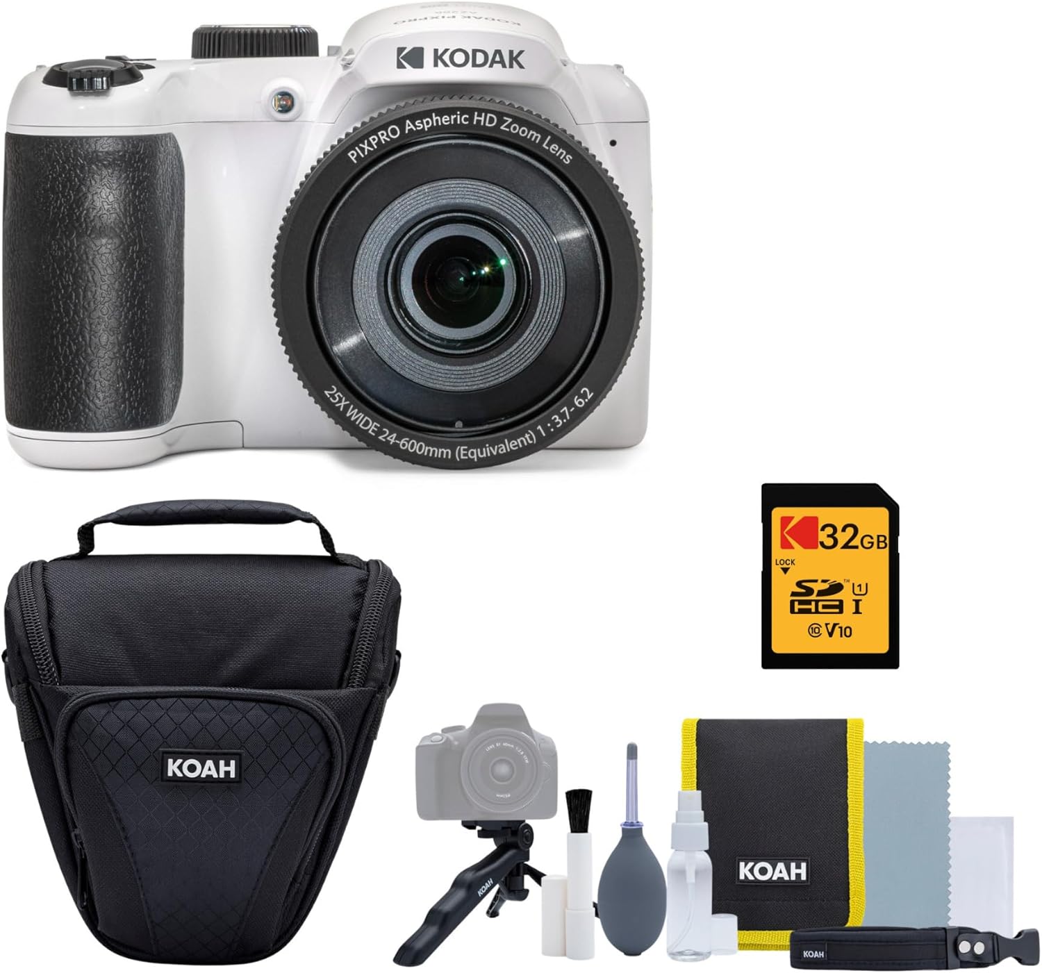 Kodak PIXPRO AZ255 Astro Zoom 16MP Digital Camera (White) - High-Resolution Photography with 25X Optical Zoom - Perfect Point-and-Shoot Camera Bundle with 32GB Memory Card and Camera Case (3 Items)