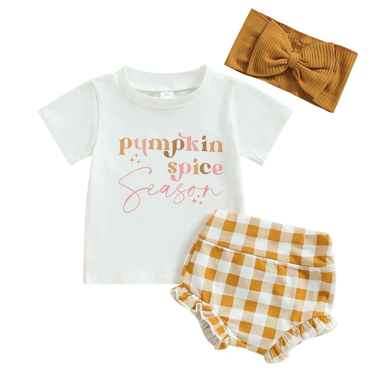 Gaono Baby Girl Halloween Outfits Letter Pumpkin Short Sleeve T-shirt Romper Bloomer Shorts With Headband 3Pcs Clothes Set (B-White, 0-6 Months)
