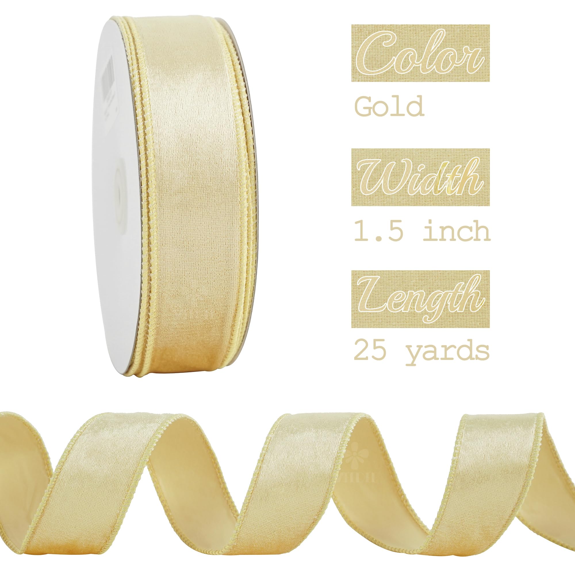 MEEDEE Gold Velvet Ribbon - 1.5" Wide, 25 Yards, Wired Edges For Christmas Trees, Gift Bows, Crafts - View #6
