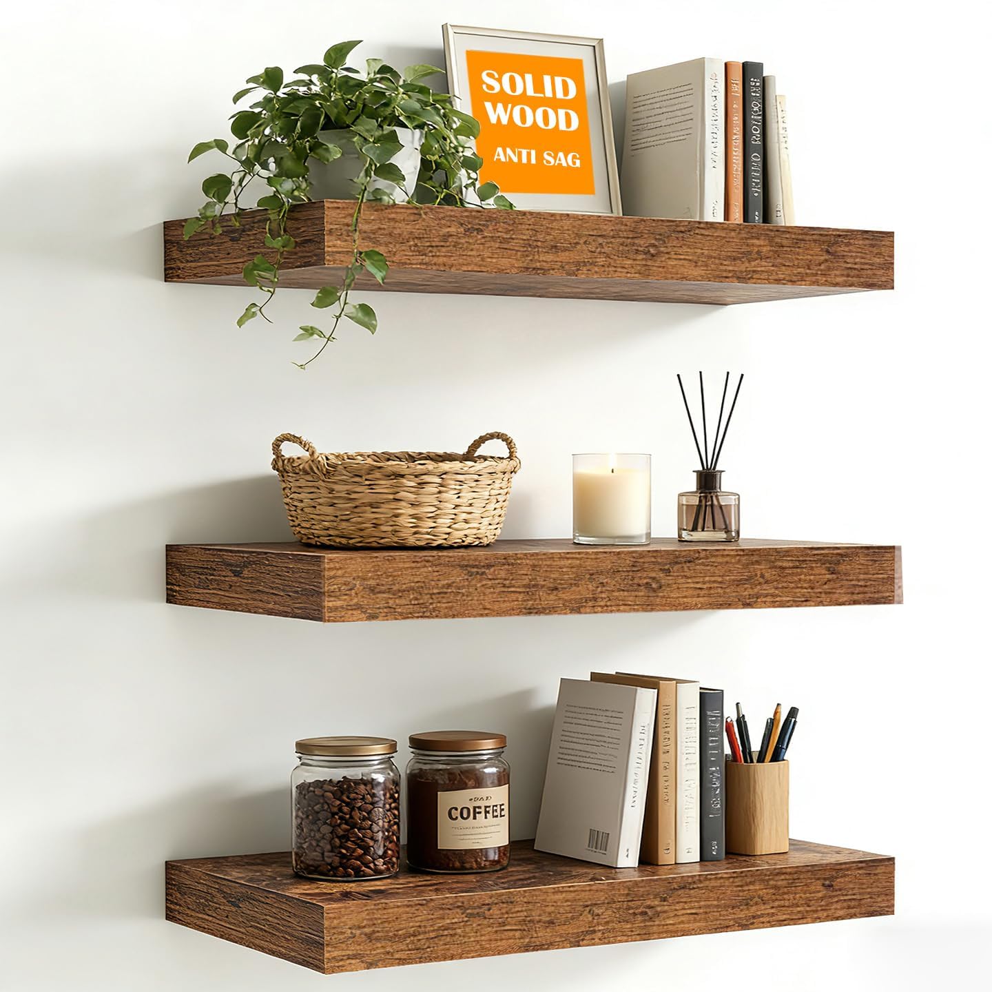 23.6 in Solid Wood Core Floating Shelves, Set of 3 Heavy Duty Wall Mounted Shelves with Invisible Brackets, Farmhouse Rustic Wall Shelf for Living Room Bedroom Kitchen Bathroom Over Toilet