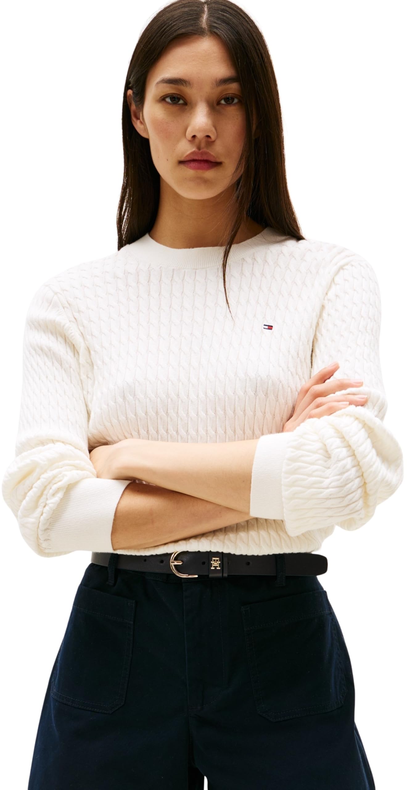Tommy Hilfiger Women’s Fine Cable Knit Jumper, White (Ivory Silk), XXS