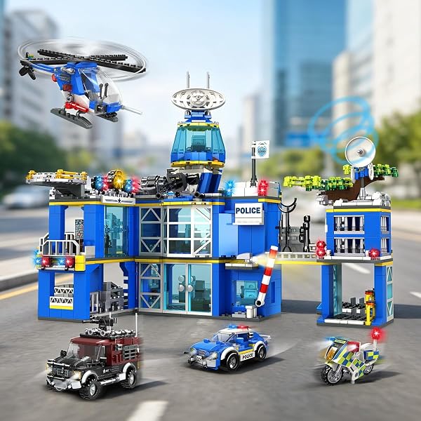 HOGOKIDS Polizeistation Bausatz – City-Polizei Baustein-Spielzeug für Jungen mit Hubschrauber, Motorrad, Auto Pädagogisches Konstruktionsspielzeug Kreativ-Geschenk für Kinder Jungen ab 6-10+ Jahren - 3