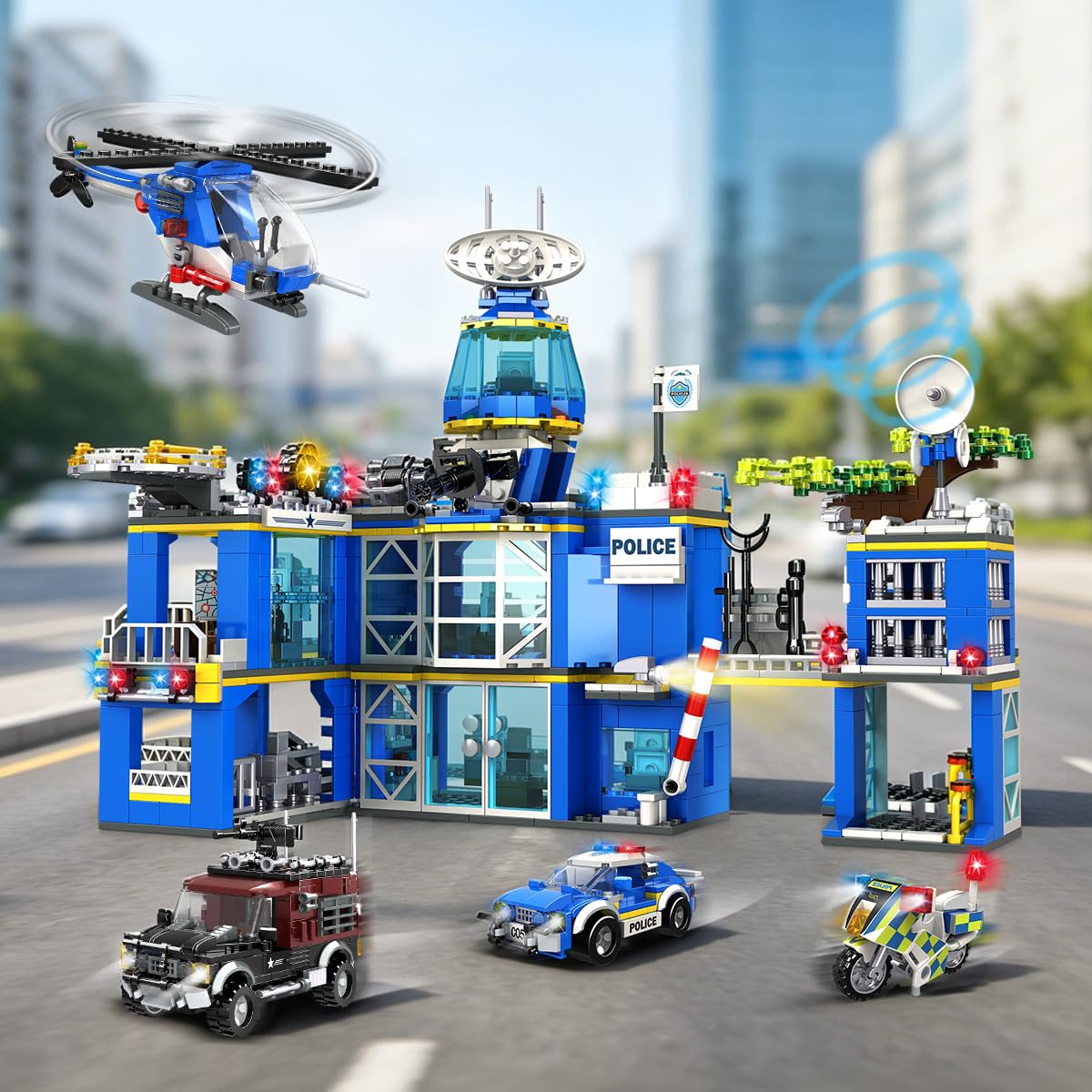 HOGOKIDS Polizeistation Bausatz – City-Polizei Baustein-Spielzeug für Jungen mit Hubschrauber, Motorrad, Auto Pädagogisches Konstruktionsspielzeug Kreativ-Geschenk für Kinder Jungen ab 6-10+ Jahren - 3
