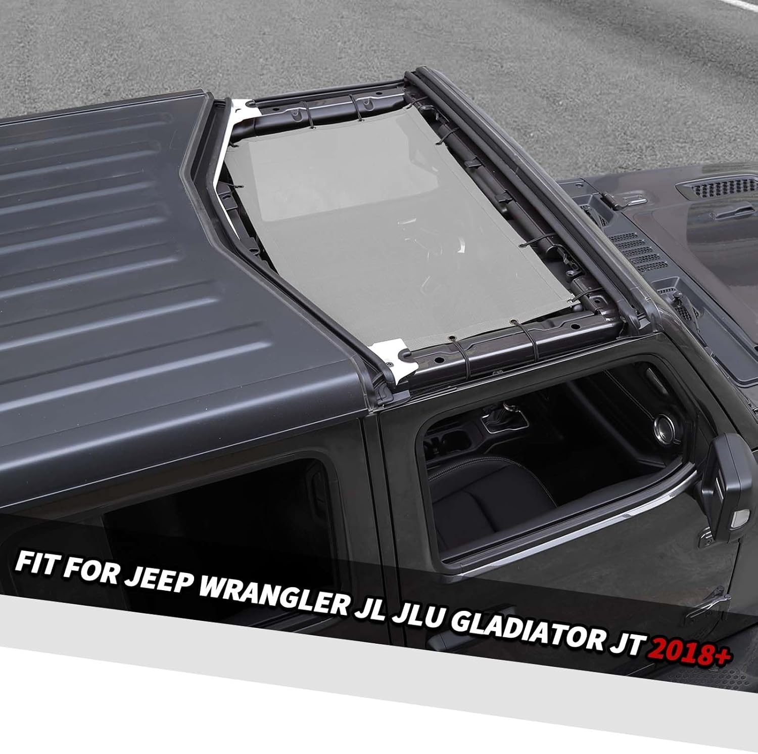 Jimen Roof Sun Shade for JL JT, Front Bikini top Mesh Sunshade Fit for Jeep Wrangler JL JLU Gladiator JT 2 Door & 4 Door 2018-2023 (Gray)