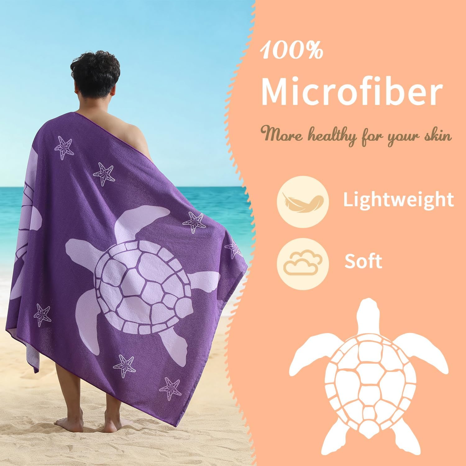 4 Pack Oversized Beach Towels 4 Pack,40”x70” Microfiber Thin Large Beach Towel Set for Adults Travel Camping Swimming,Turtle Starfish Them Sand Free Quick Dry Lightweight XL Pool Towels,Purple