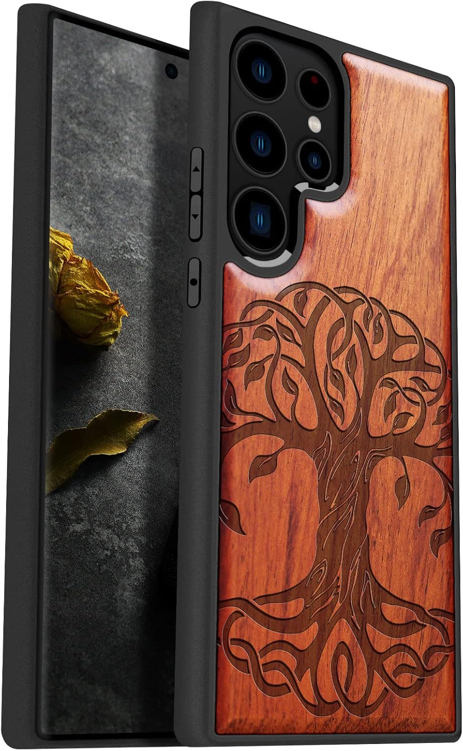Carveit Wood Case for Galaxy S23 Ultra Case [Natural Wood & Black Soft TPU] Shockproof Protective Cover Unique & Classy Wooden Design Compatible with Samsung S23 Ultra (Tree of Life-Rosy)