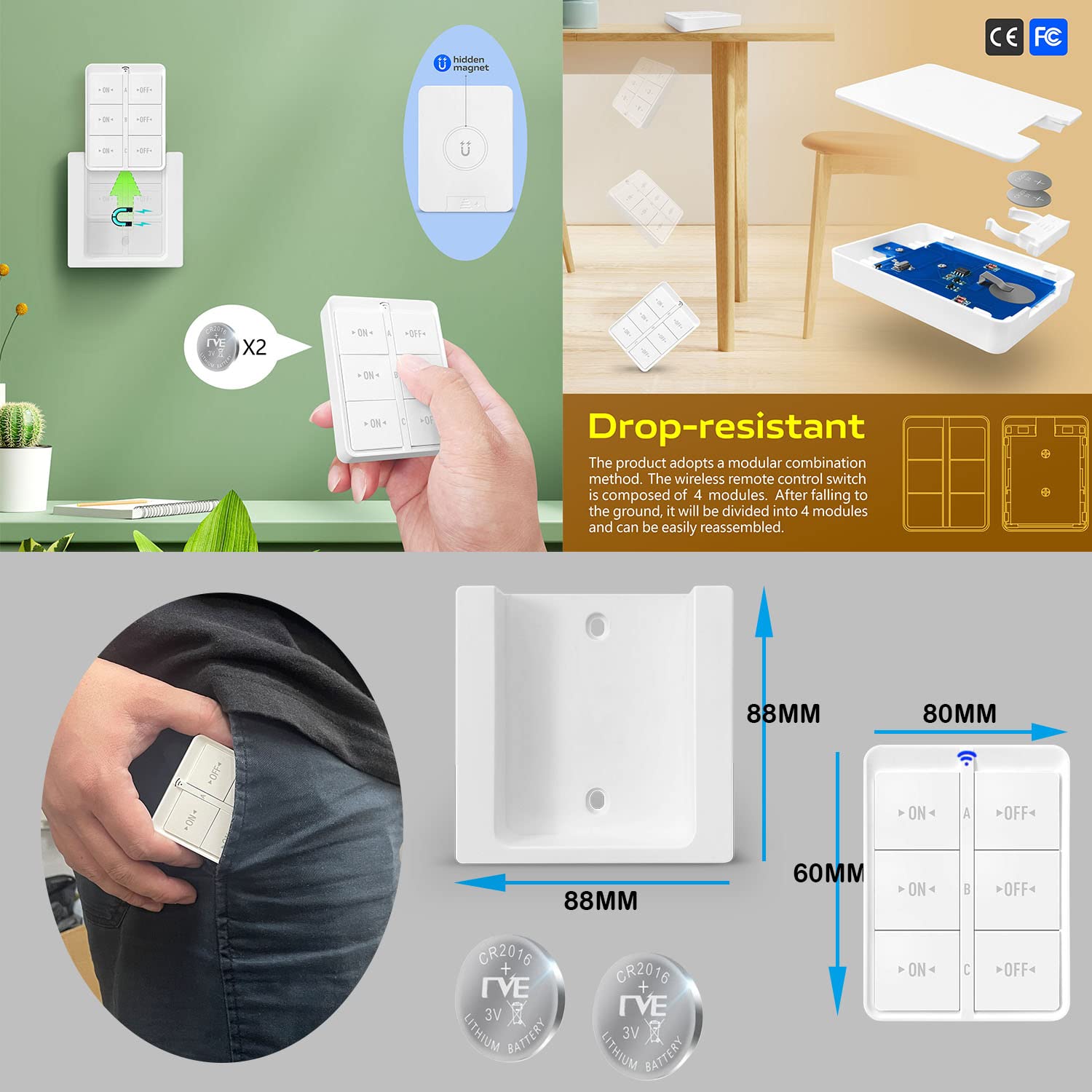 Tedeligo Wireless Switch showing hidden magnet and dimensions