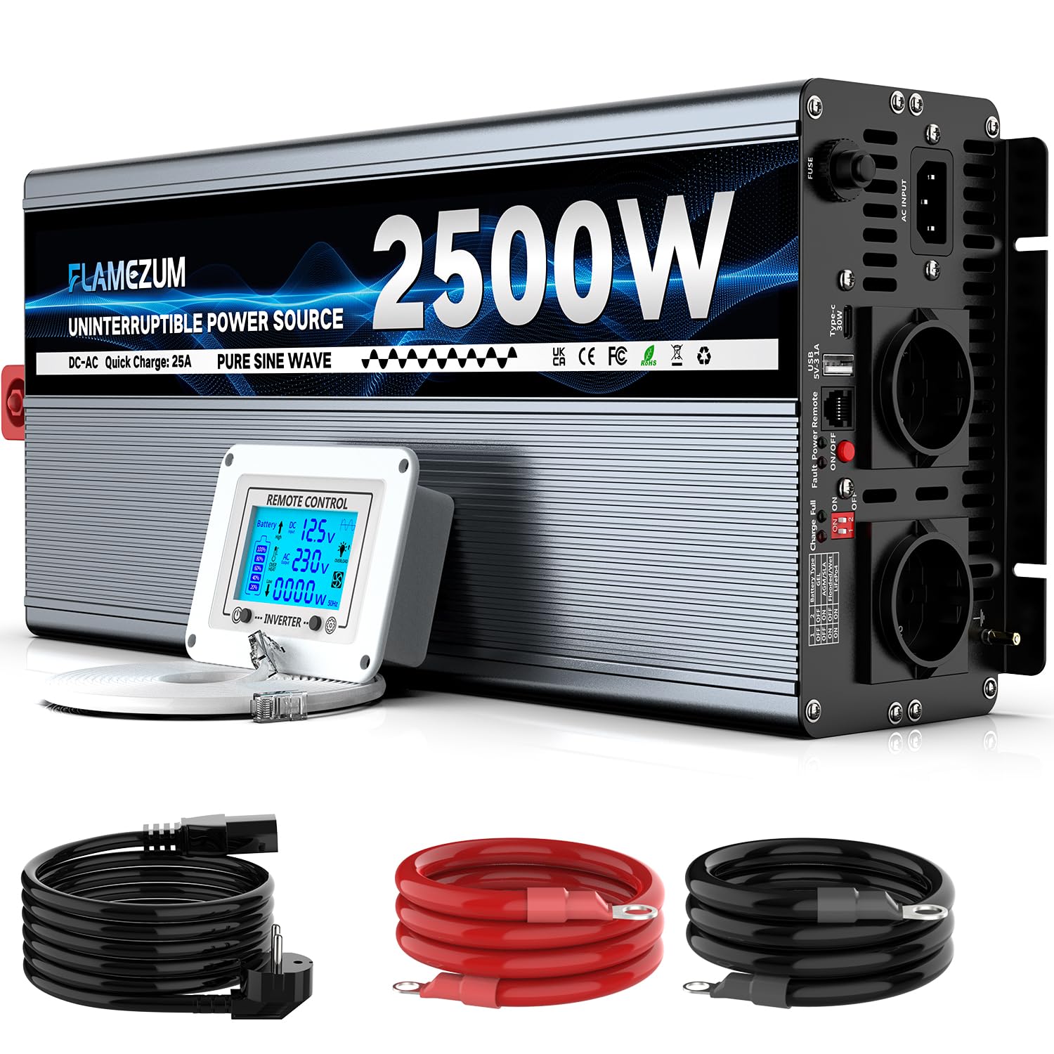 UPS Inverter 12v 220v Onda Pura 2500W Con Caricatore 30A, Circuito Di Priorità,Telecomando Con LCD,Inverter Per Alimentazione Ininterrotta,Acquario