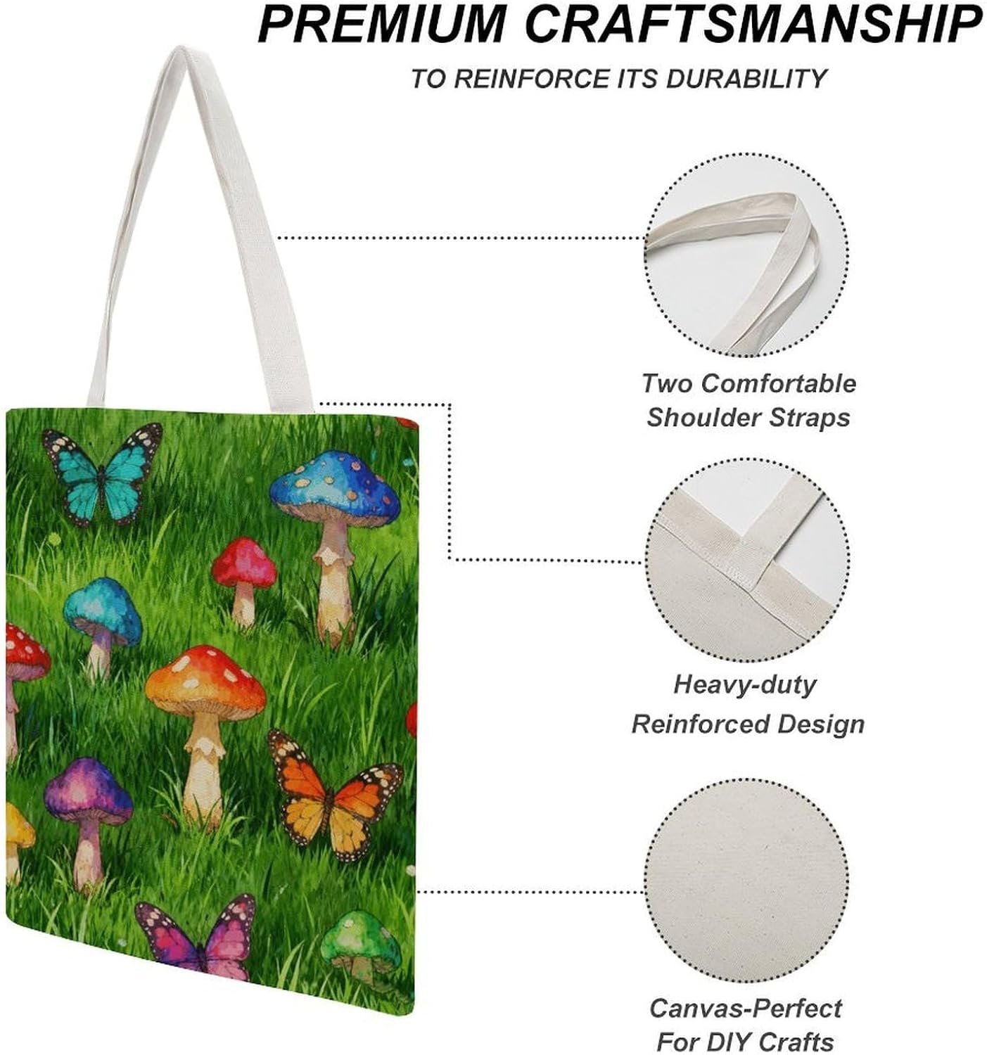 Mushroom Forest Green Canvas Tote Bag Reusable Grocery Bags Foldable Soft Cotton Shoulder Carry Bag