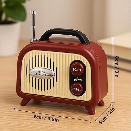 Miniatura 5 de Mini radio FM vintage, estilo retro portátil, rojo y crema, funciona con batería con escaneo automático, altavoz de alta fidelidad, perfecto para el