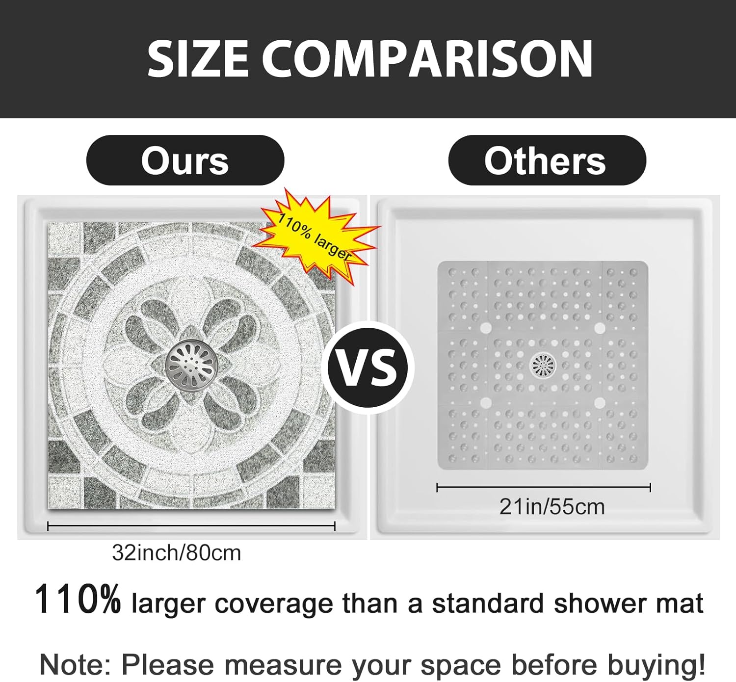 Square Shower Mat Non Slip: 32x32 inch Extra Large Loofah Shower Mats for Inside Shower with Center Drain Hole, Anti-Slip Shower Floor Mat for Walk-in Showers, No Suction Cups, Quick Drying