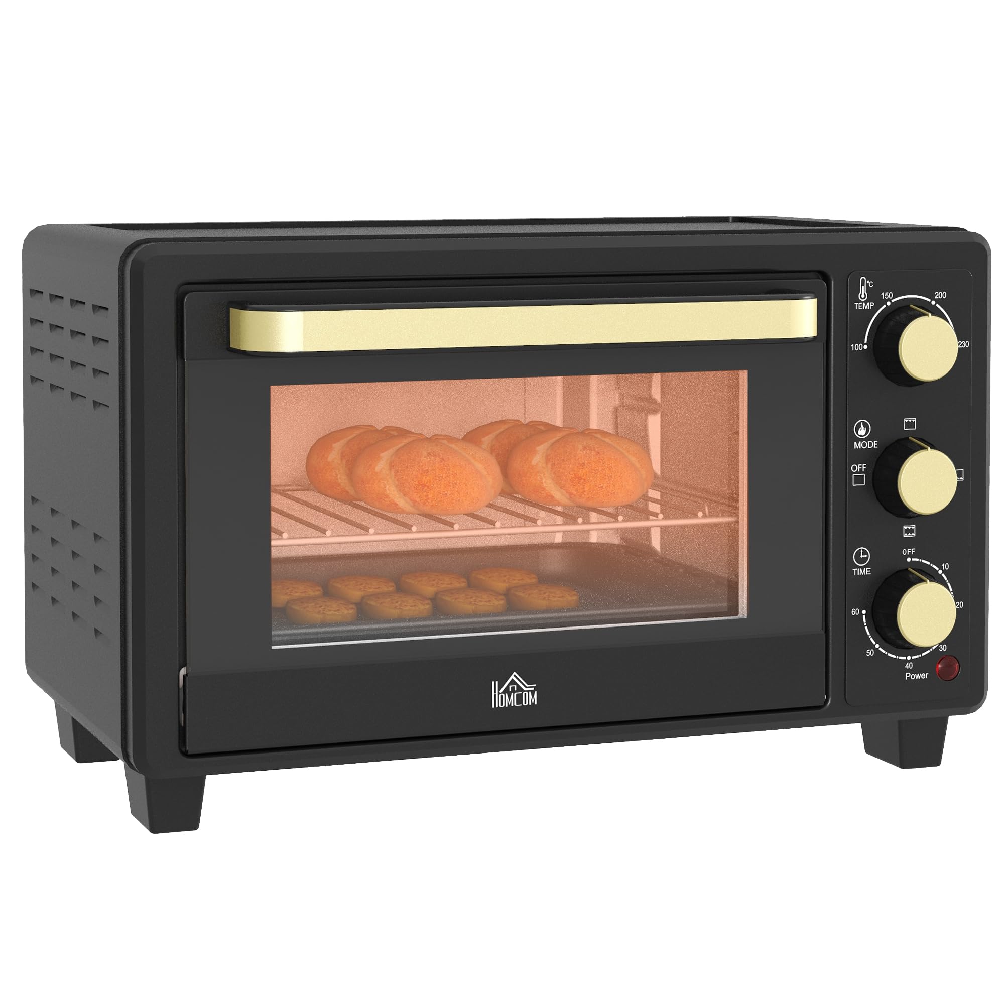 HOMCOM Mini piekarnik 16 l, 1400 W, 100-230℃, timer 60 min, w zestawie blacha do pieczenia i ruszt do grillowania, mini piekarnik z uchwytem tacy, czarny