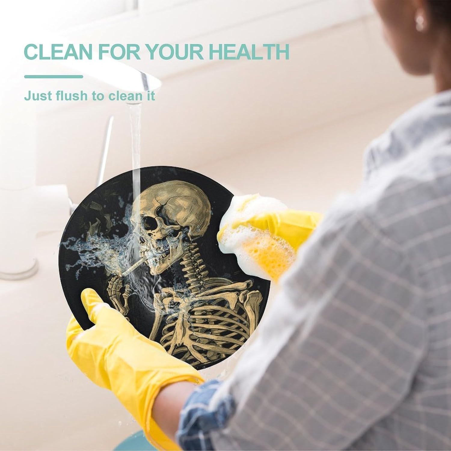 A Skeleton with Burning Cigarette Chopping Block Tempered Glass Cutting Board Mats Round Countertop Cutting Boards Small Charcuterie Boards Bar Cheese Board Snack Tray