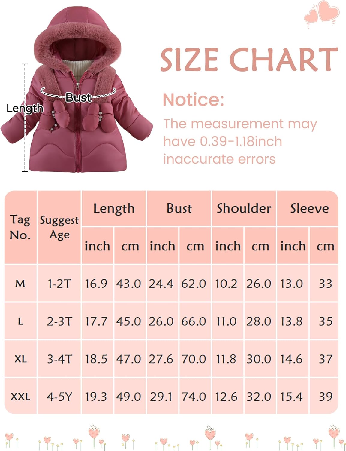 Happy Cherry Toddler Girl Fur Collar Hood Jackets Warm Thick Fleece Liner Coat Snowsuit 1-5T