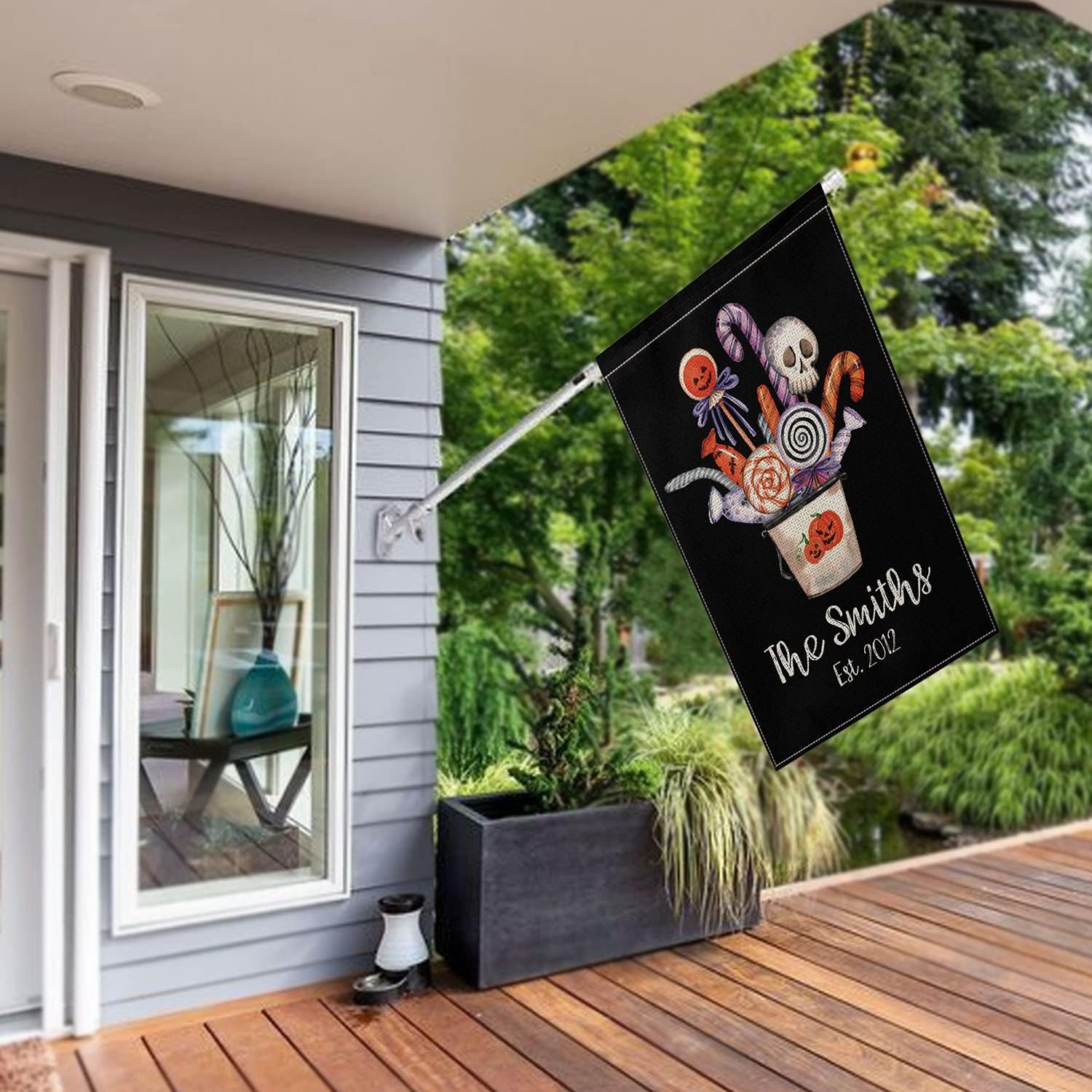 Smile Personalized Halloween House Flag, Toy Skull Candy Customized Family Name and Year, Double Sided 28 x 40 Inch Rustic Farmhouse Burlap Yard Outdoor Decoration